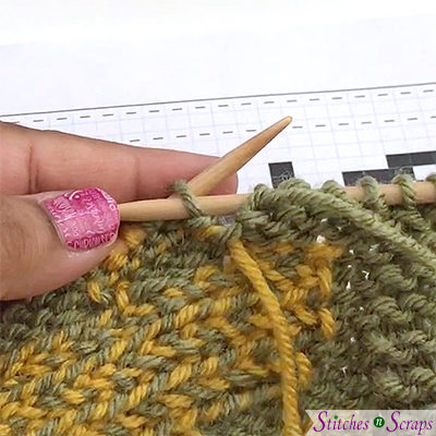 Purl with yellow, lock green - Fair Isle locked down - free tutorial on Stitches n Scraps.com