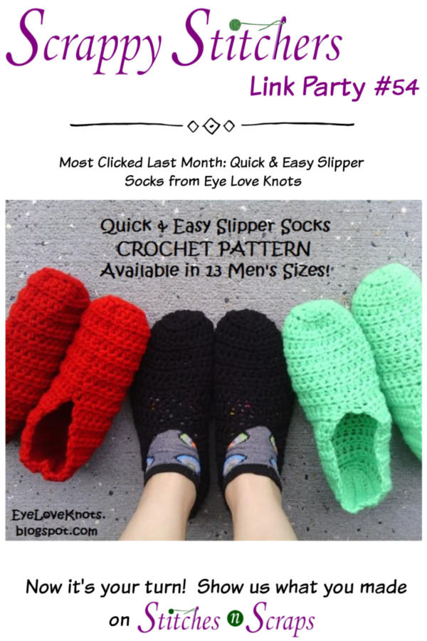 Red, Black, and bright green slippers on a concrete surface. Wording says Quick & Easy Slipper Socks Crochet Pattern Available in 13 men' sizes