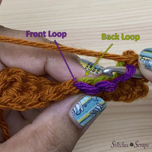 Crochet swatch with the front and back loops labeled, showing a hook in the front loop. 