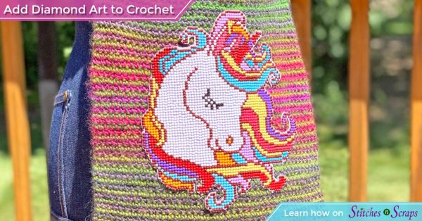 Mount Diamond Art to Your Crochet! Image shows a unicorn Diamond Art project attached to a crocheted bag.