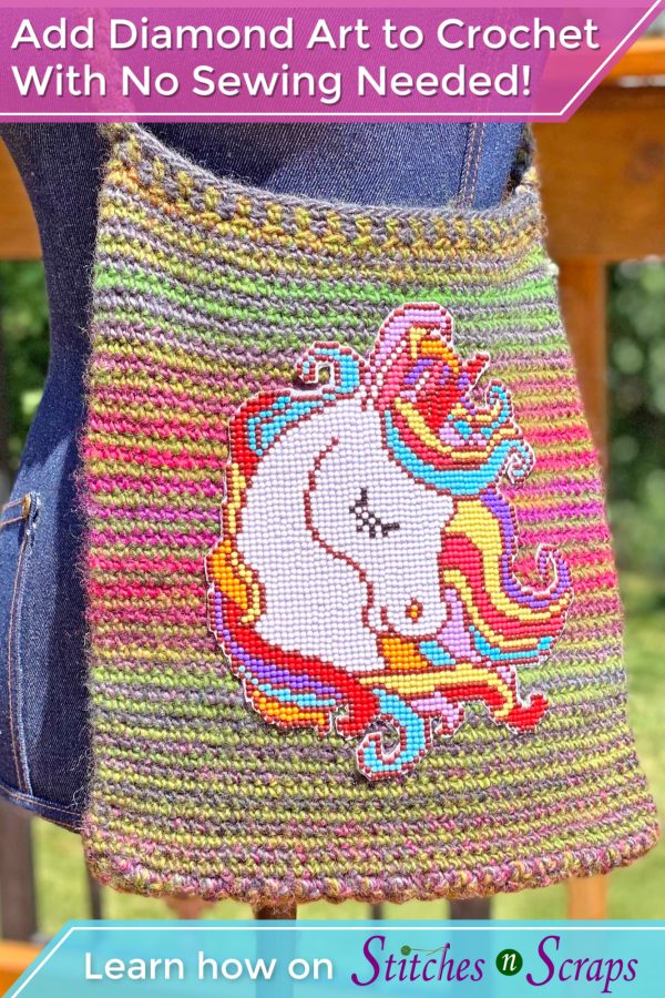 Mount Diamond Art to Your Crochet! Image shows a unicorn Diamond Art project attached to a crocheted bag. 