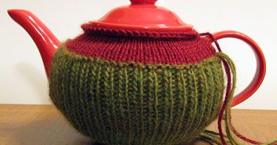 March Tea Cozy Tuesday KAL progress - partially finished cozy shown on teapot