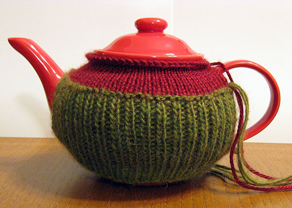 March Tea Cozy Tuesday KAL progress - partially finished cozy shown on teapot