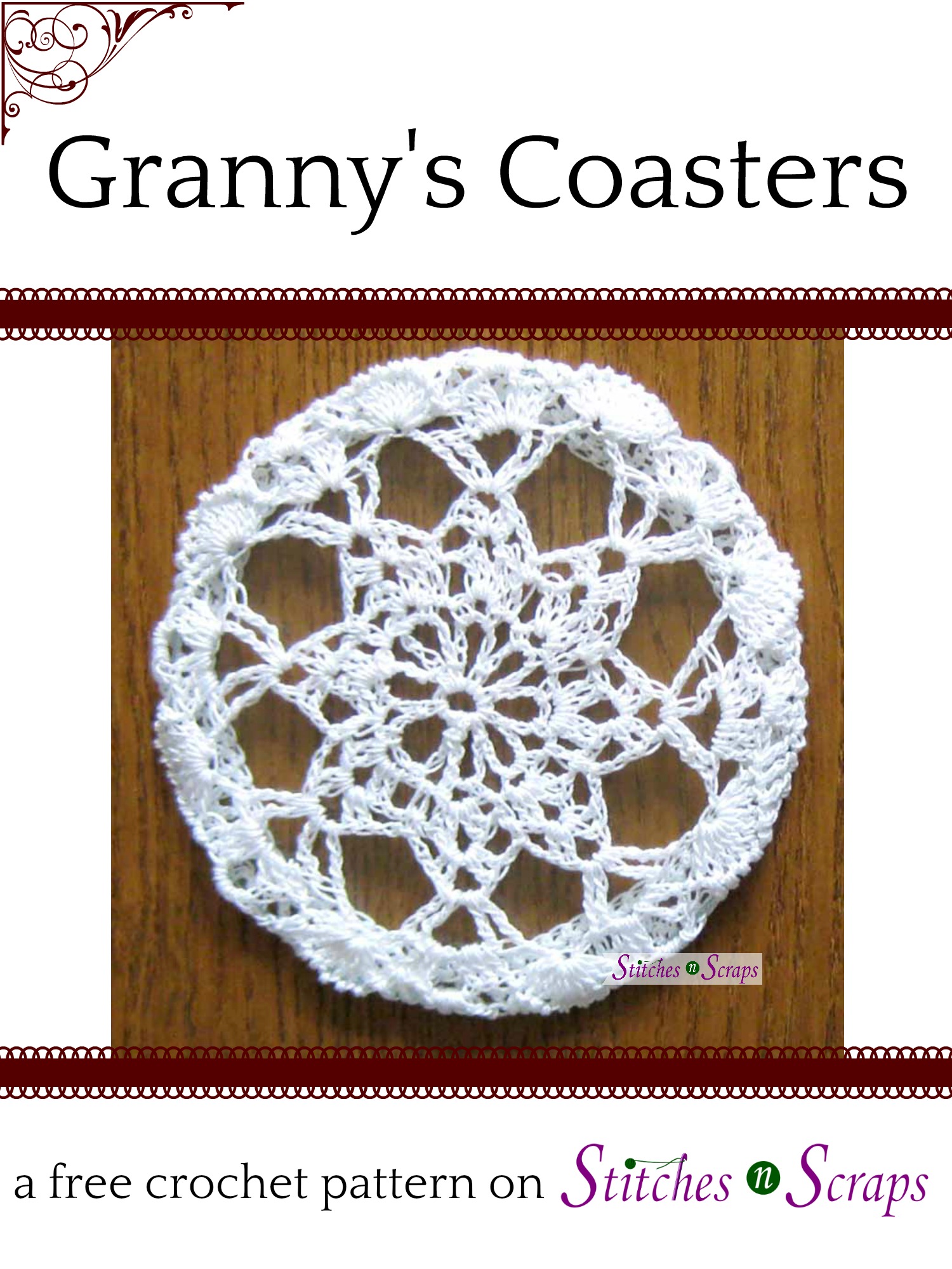 Granny's Coasters, a free crochet pattern on StitchesnScraps.com