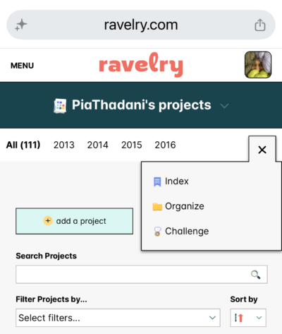 Location of organize projects tab on mobile