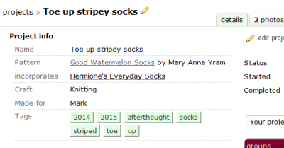 project info for my toe up stripey socks on Ravelry