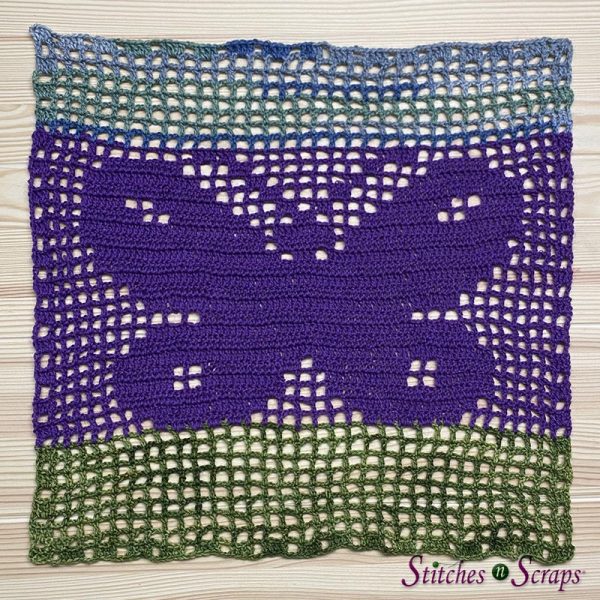 Solid filet crochet butterfly in 3 colors - green on the bottom mesh, purple for the butterfly. and variegated blue for the top mesh. 