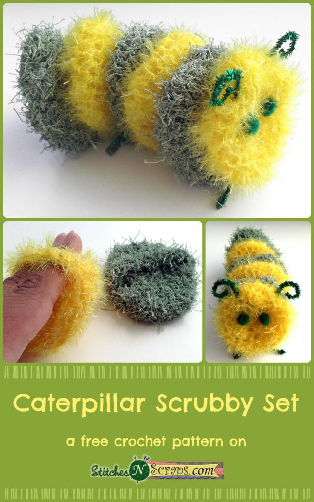 Caterpillar Scrubby Set - A free crochet pattern on StitchesNScraps.com