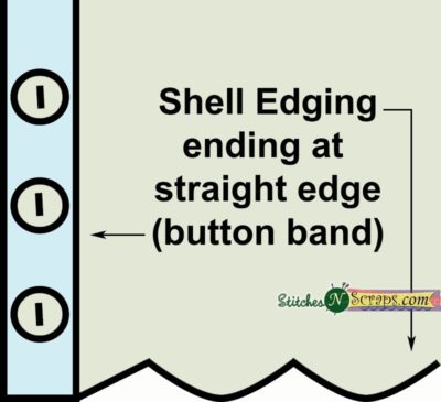 Shell edging ending at a straight button band - StitchesNScraps.com