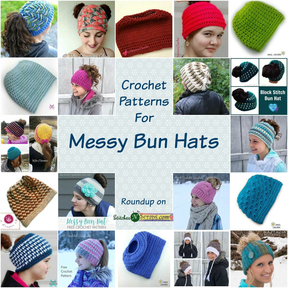 Messy Bun Hats - Crochet Pattern roundup on StitchesNScraps.com