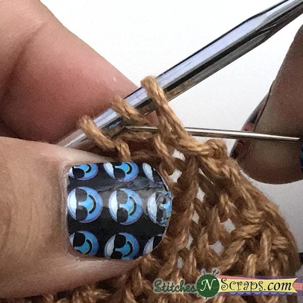 Insert knitwise from back - Tubular Bind Off tutorial on StitchesNScraps.com