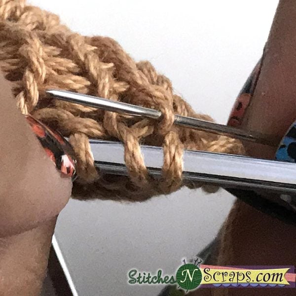 Insert knitwise from back - rear view - Tubular Bind Off tutorial on StitchesNScraps.com