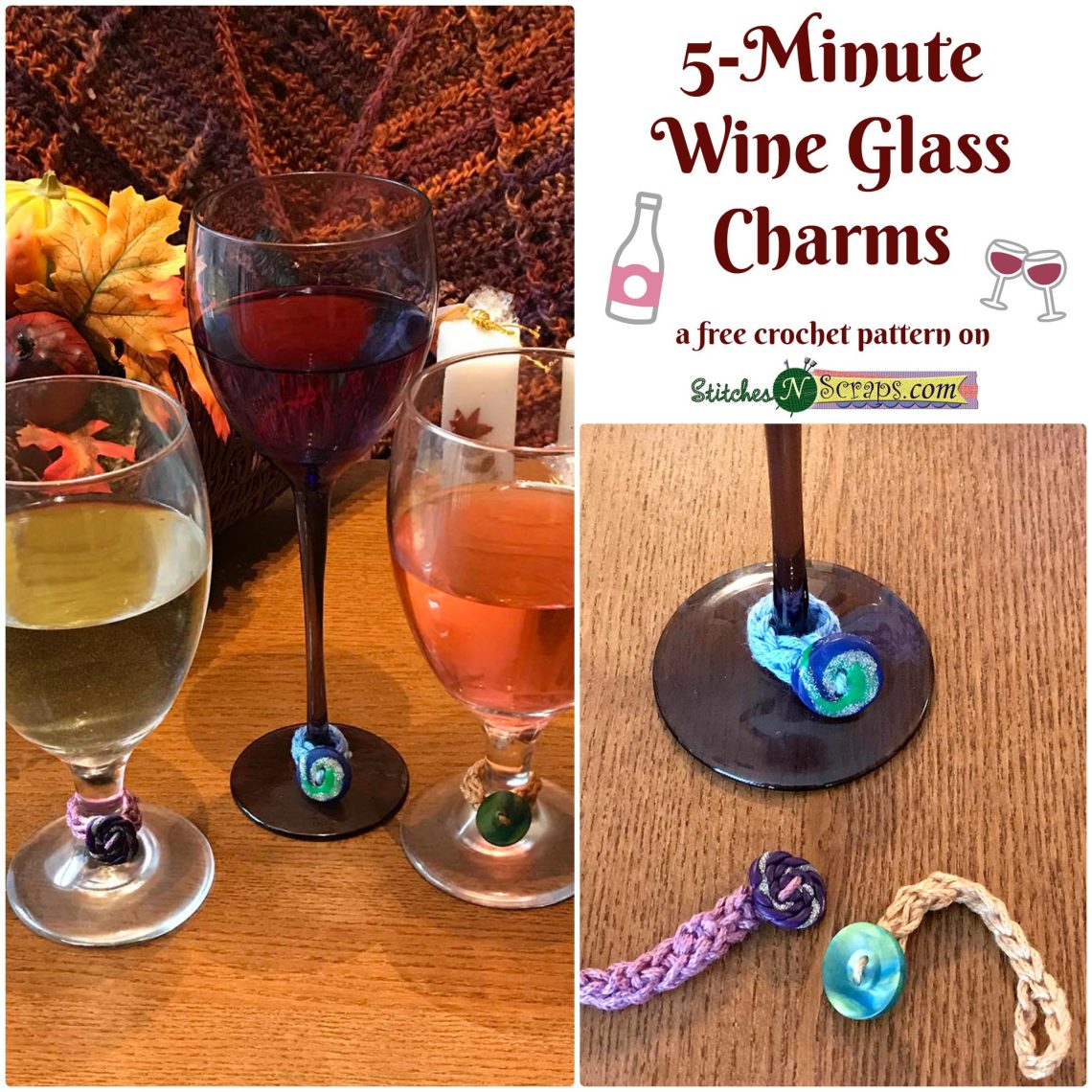 Wine Glass Charms - Free pattern on StitchesNScraps.com