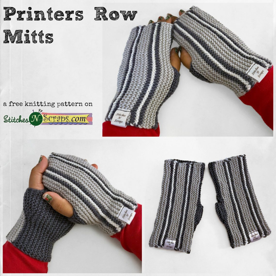 Printers Row Mitts - A free knitting pattern on StitchesNScraps.com
