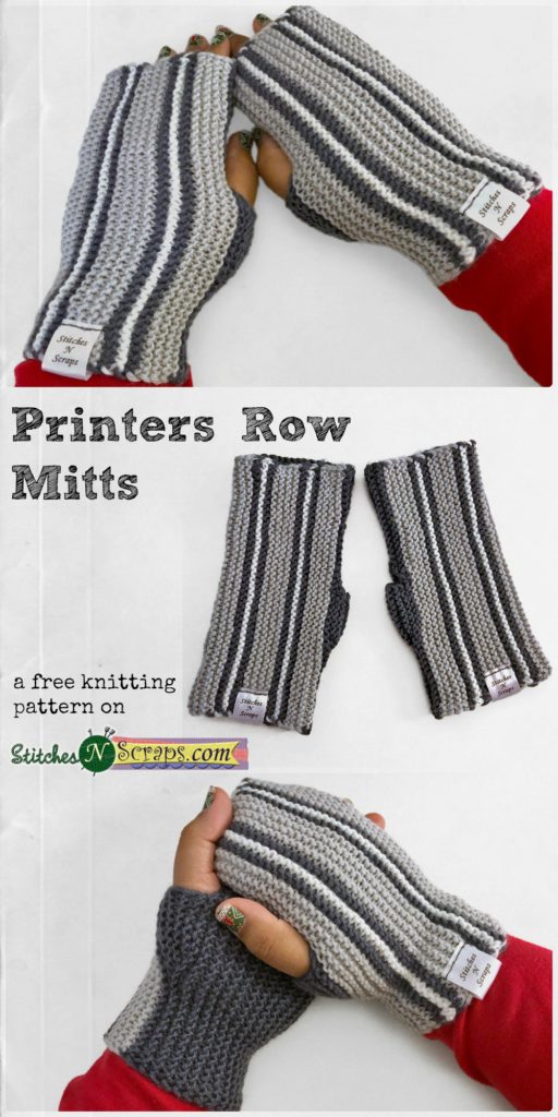 Printers Row Mitts - A free knitting pattern on StitchesNScraps.com