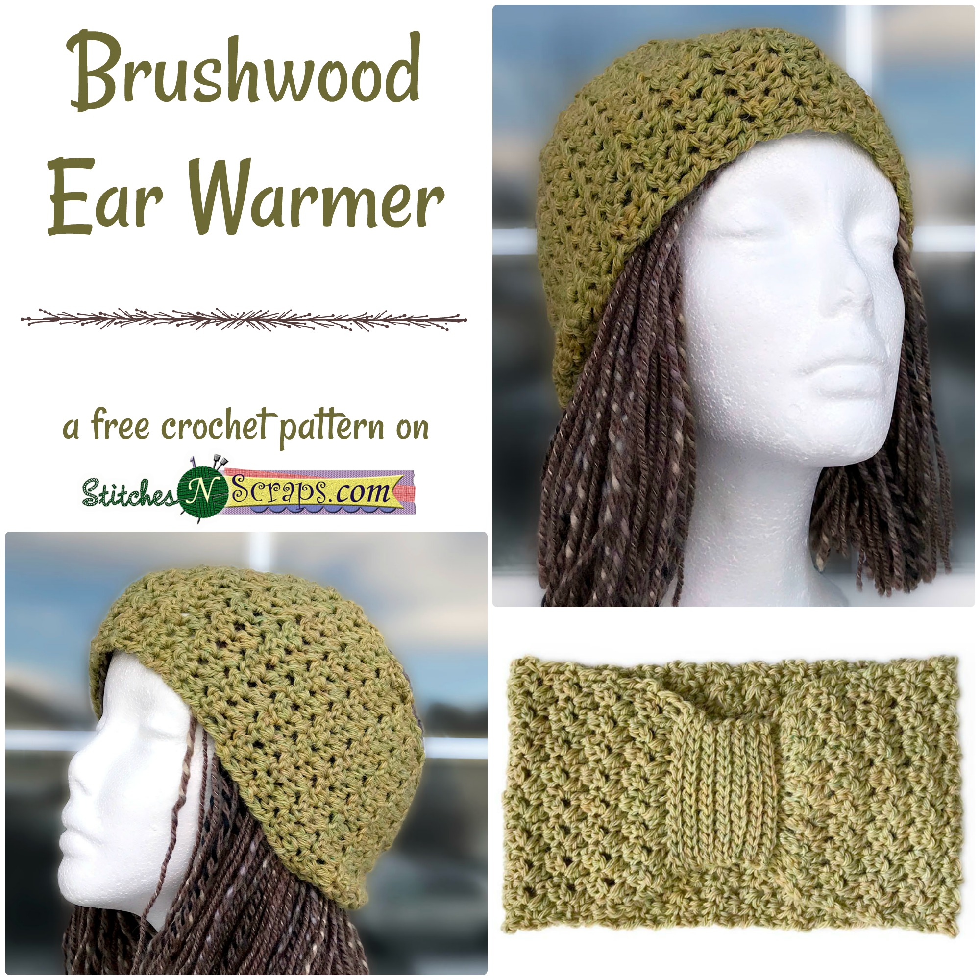 Brushwood Earwarmer - a free crochet pattern on StitchesNScraps.com