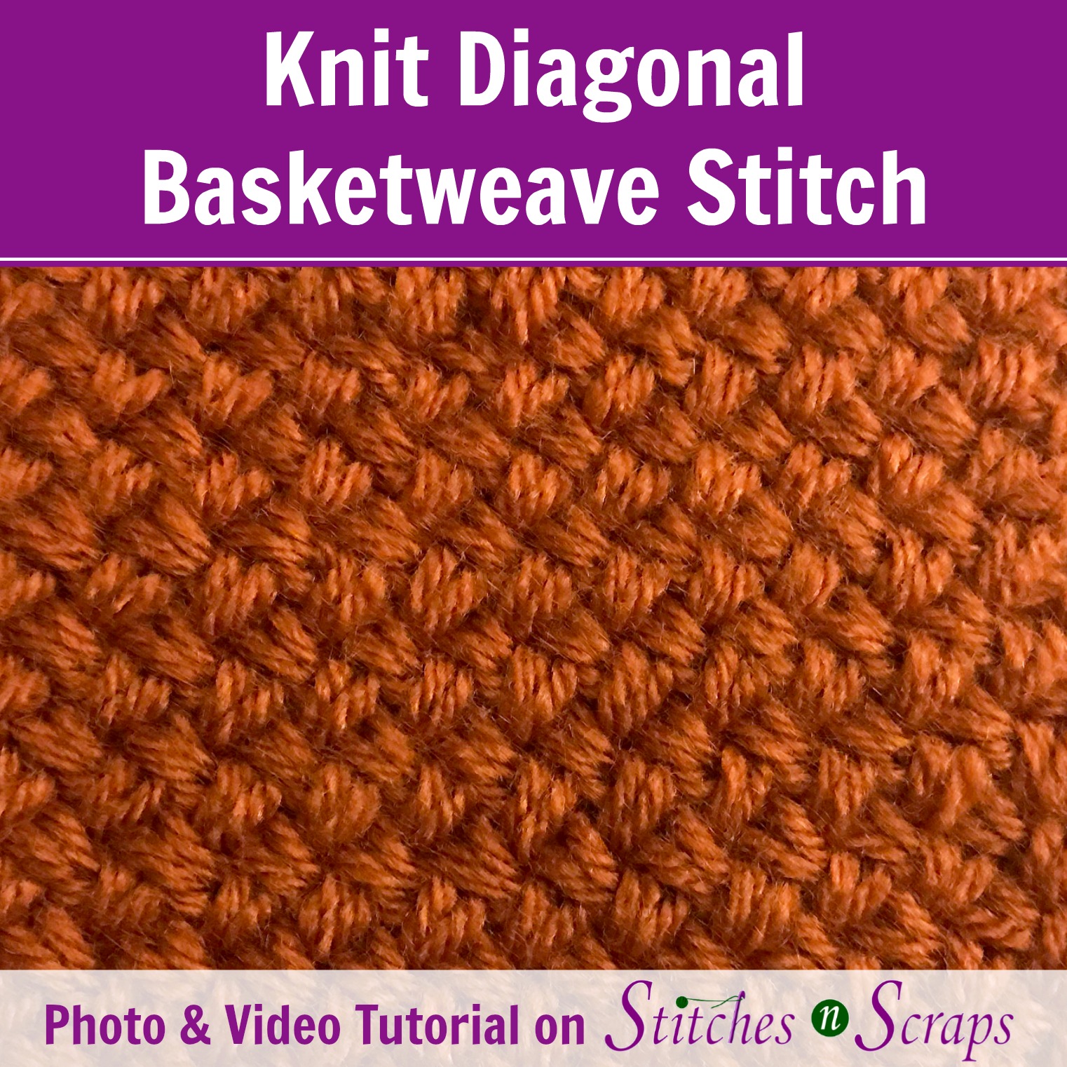 Knit Diagonal Basketweave Stitch - Tutorial on Stitches n Scraps