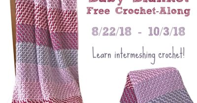 Jazzberry crocheted blanket in multiple shades of purple and pink, shown both draped over a chair and folded.