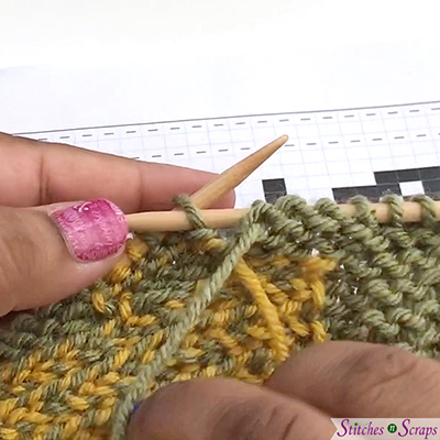 Purl with yellow, lock green - Fair Isle locked down - free tutorial on Stitches n Scraps.com