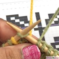 Knitting with yellow, lock green - Fair Isle locked down - free tutorial on Stitches n Scraps.com