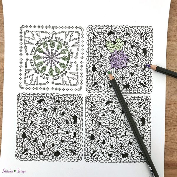 Coloring crochet squares with colored pencils