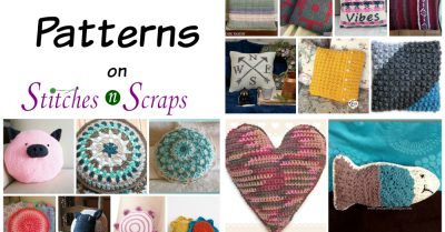 A collage image showing 25 crochet pillows with the text 25 Crochet Pillow Patterns on Stitches n Scraps
