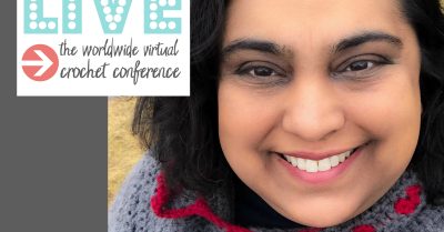 Pia Thadani - one of the teachers of Stitch Makers Live. Text says "Stretch your Crochet Skills with Elastic Wasitbands for Wearables"