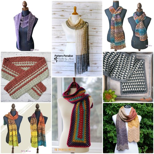 Collage of 8 autumn scarf patterns