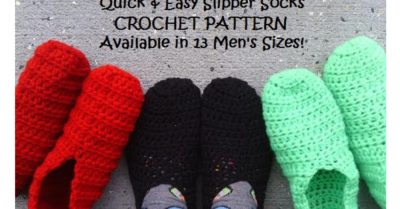 Red, Black, and bright green slippers on a concrete surface. Wording says Quick & Easy Slipper Socks Crochet Pattern Available in 13 men' sizes