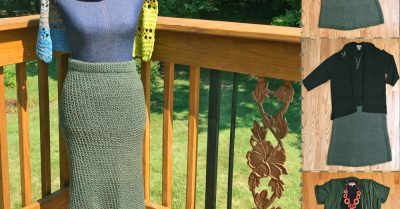 A mannequin in a pencil skirt on a wood deck. Smaller images show various outfits with the same skirt. Switchgrass Skirt by Pia Thadani