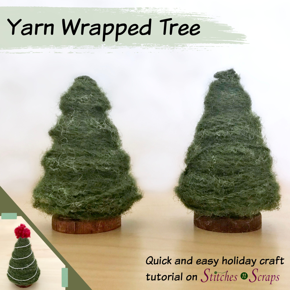 2 wooden trees wrapped in yarn. In the corner is the same tree decorated with a red pom pom and silver thread garland - quick and easy holiday craft tutorial on Stitches n Scraps