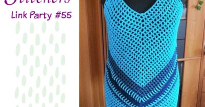 Blue dress with darker blue chevron. Wording says Scrappy Stitchers Link Party 55 - most clicked last month Türkises Netz-Kleid from Häkelfieber