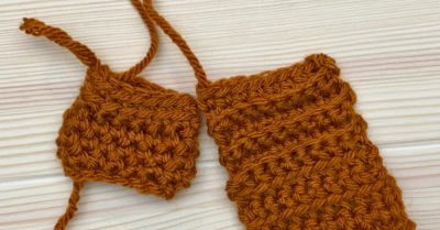 Crochet swatches on a wood table, showing stitches worked into the front loop or back loop only.