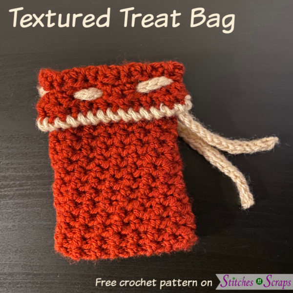 A crochet bag with pictures of candy coming out of it. Textured Treat Bag - a free crochet pattern on Stitches n Scraps