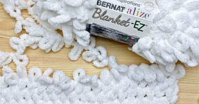 a finger knit swatch with a skein of Bernat Blanket EZ yarn. Text - Twisted Stitches in Loop Yarn, Finger Knitting Tutorial on Stitches n Scraps