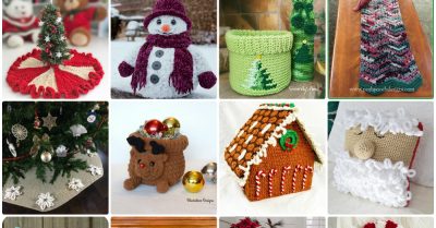 A collage of knit and crochet items. Text says Holiday Decor to knit and crochet - 12 Days of Christmas Round Ups on Stitches n Scraps