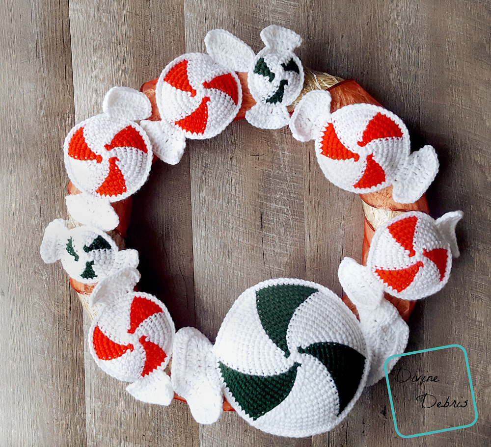 A wreath of crocheted peppermints. Peppermint If You Do, Peppermint If You Don't from Divine Debris