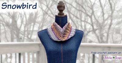 Crocheted cowl on a dress form - Snowbird Cowl, a free crochet pattern on Stitches n Scraps
