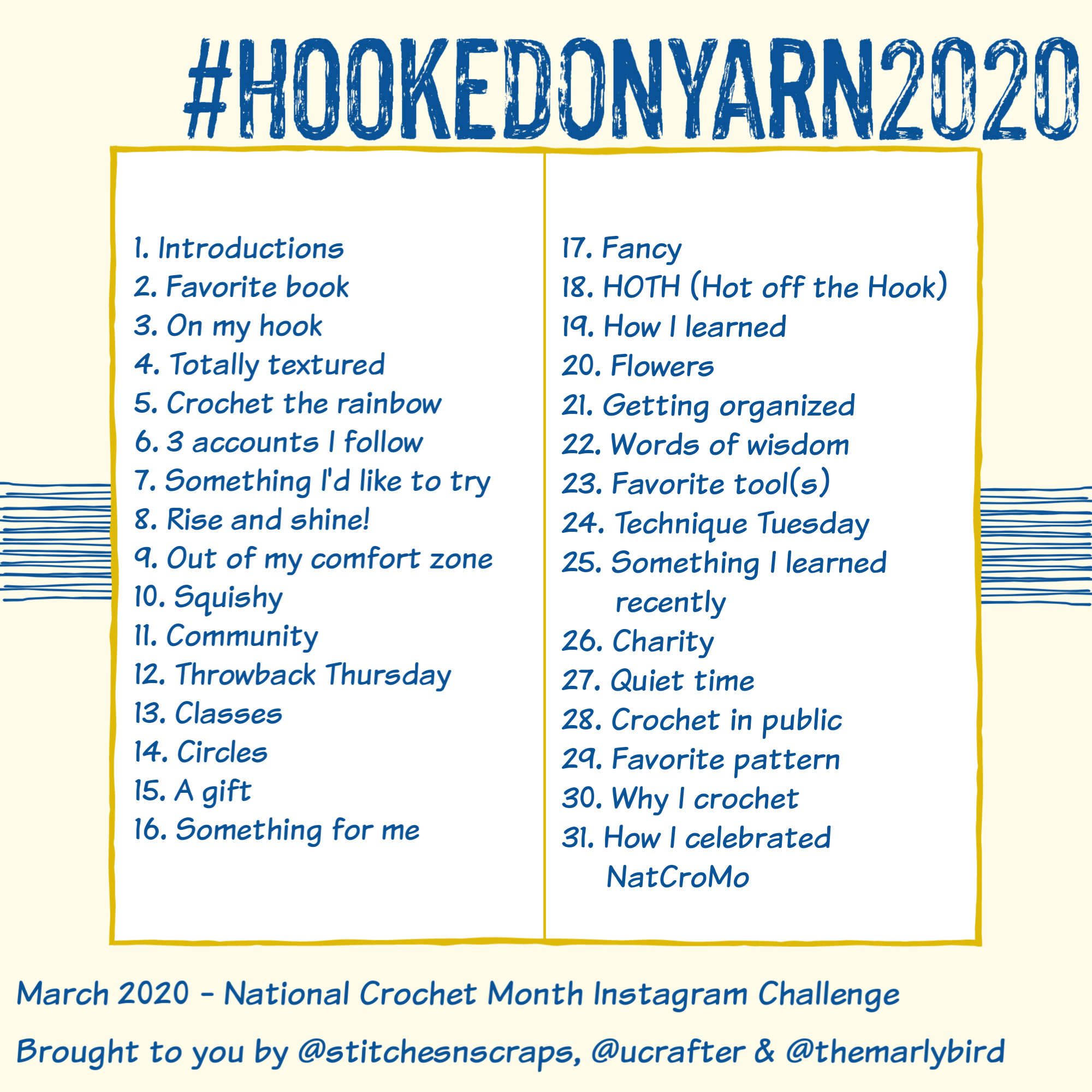 Hooked On Yarn 2019 Instagram Challenge from Underground Crafter, Marly Bird, and Stitches n Scraps