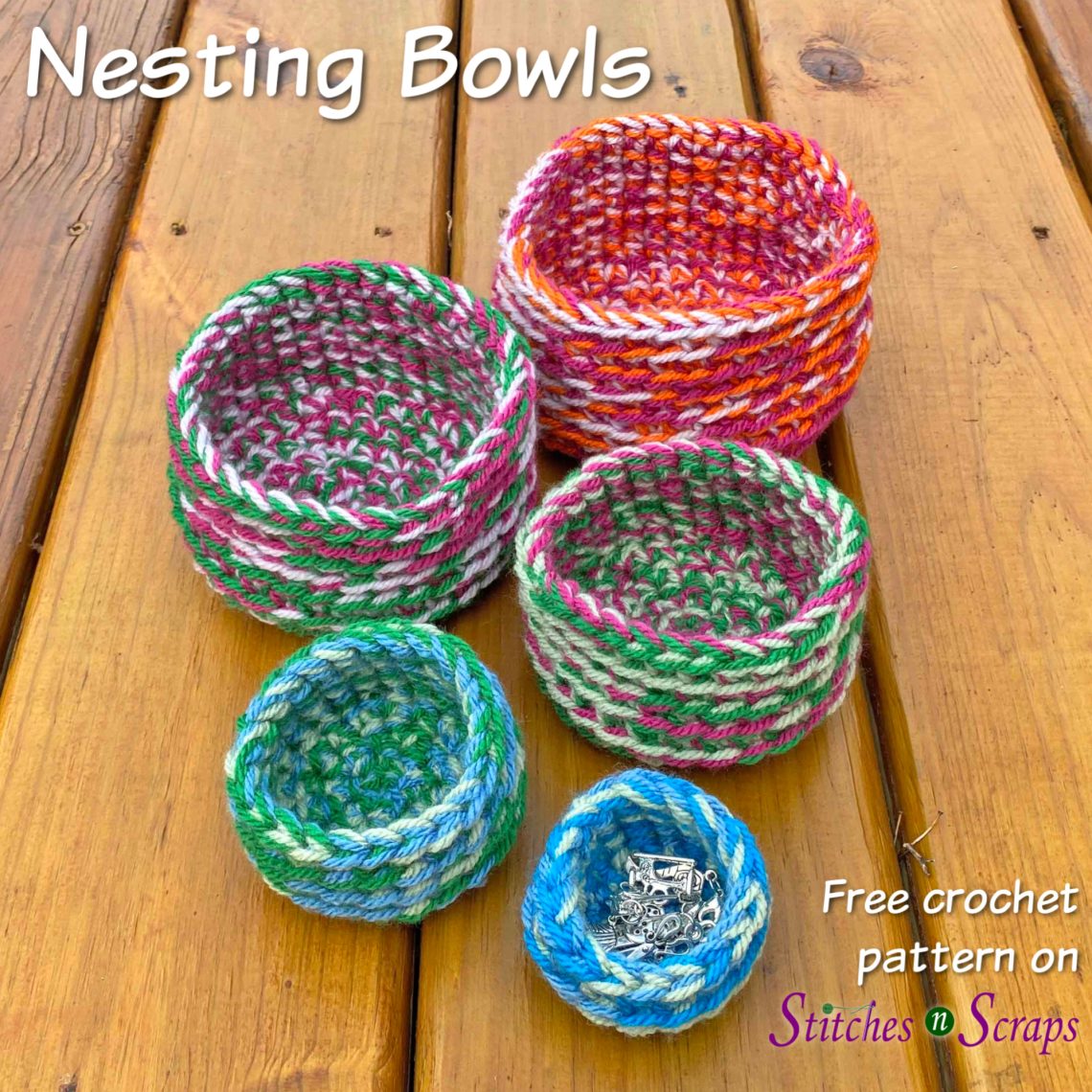 Crochet Nesting Bowls - free pattern on Stitches n Scraps