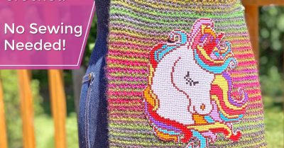 Mount Diamond Art to Your Crochet! Image shows a unicorn Diamond Art project attached to a crocheted bag.