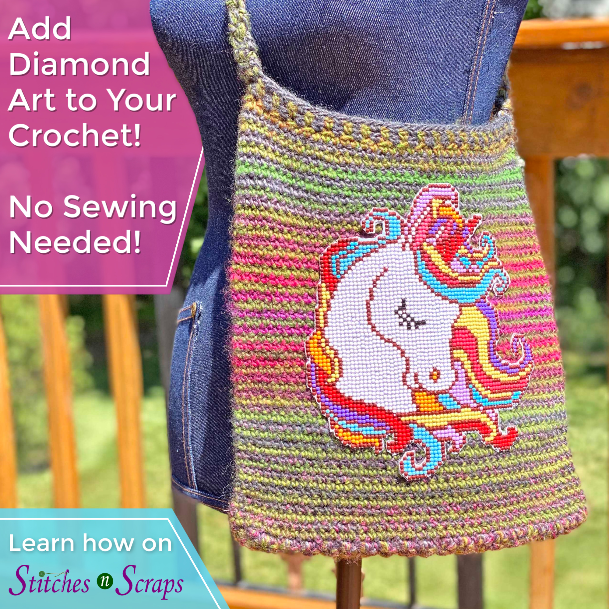 Mount Diamond Art to Your Crochet! Image shows a unicorn Diamond Art project attached to a crocheted bag.