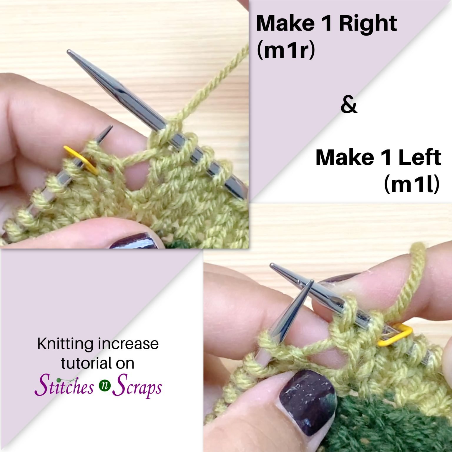 Make 1 Right (m1r) and Make 1 Left (m1l) Stitches n Scraps