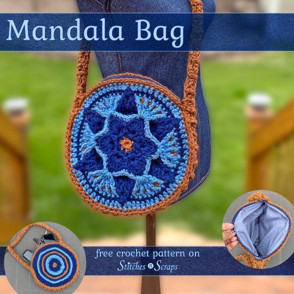 Mandala Bag - Free crochet pattern on Stitches n Scraps - shows 2 different sides to the bag, and the inside lining.
