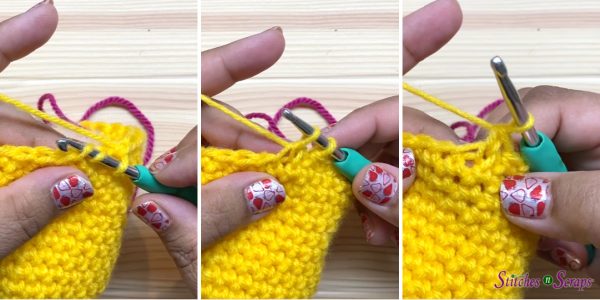 3 images showing the steps of the invisible single crochet decrease