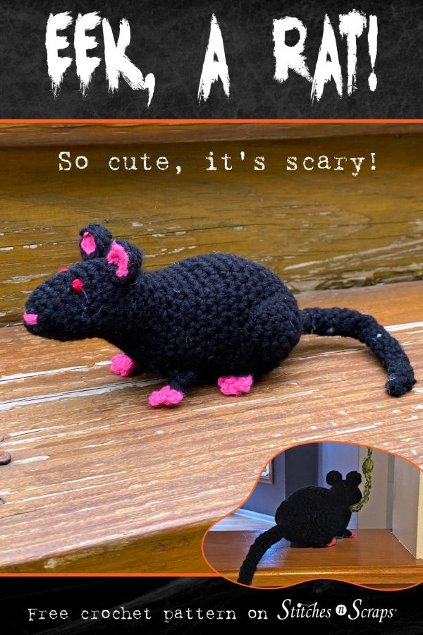 Crochet Rat Amigurumi pattern - pinnable image. Text reads "Eek, a rat! So cute, it's scary! Free crochet pattern on Stitches n Scraps" 