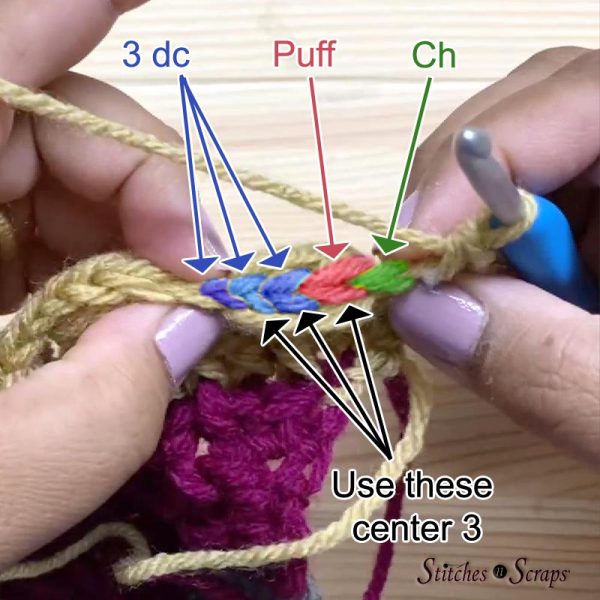 Loops on top of a horizontal puff stitch - indicating ch, puff, and 3 dc, use the 3 center loops.