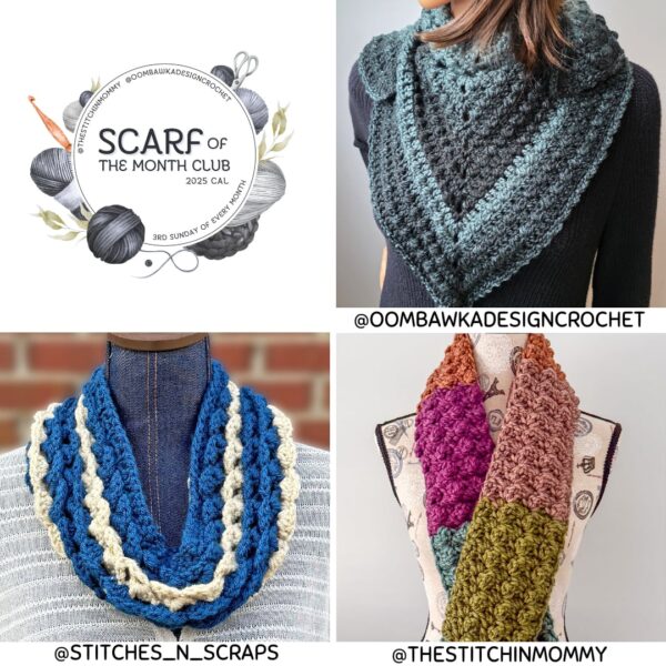 Collage of November 2025 Scarf of the Month Club patterns